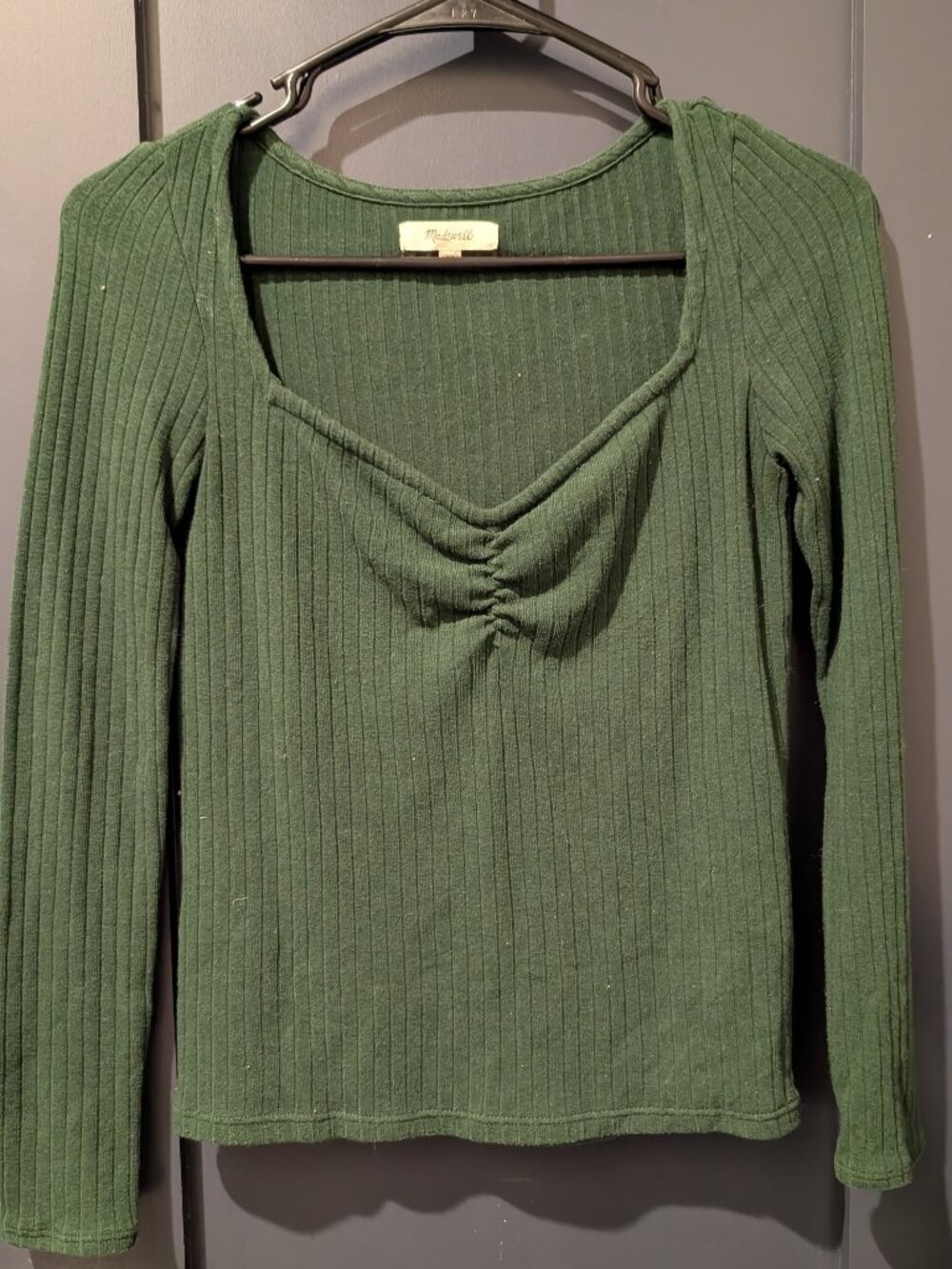 Madewell Forest Green Ribbed V-Neck Long Sleeve Top